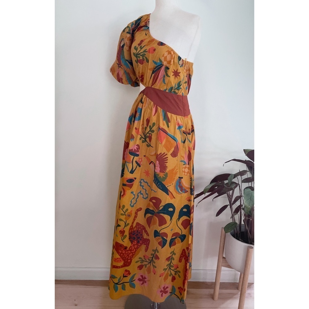 NWT Anthropologie Farm Rio Birds Leopard Floral One-Shoulder Maxi Cut Our Dress  - Picture 6 of 11